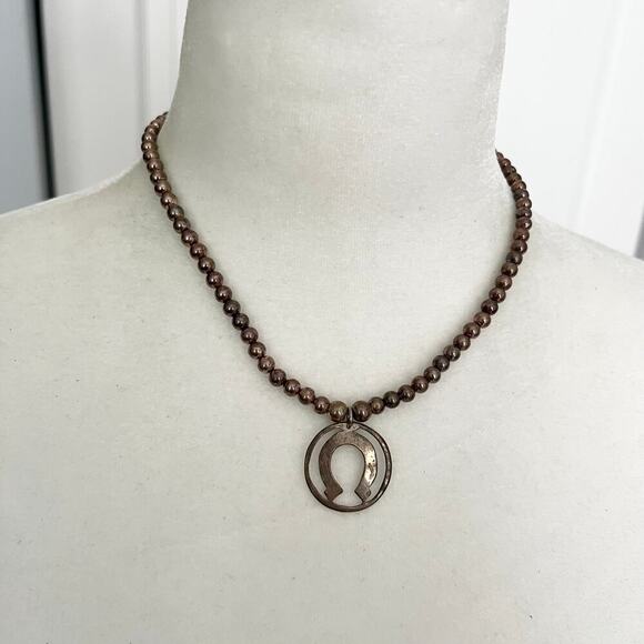 Signed Sterling 925 Lucky Horseshoe Artisan Beaded Equestrian Rodeo Necklace - Picture 1 of 7